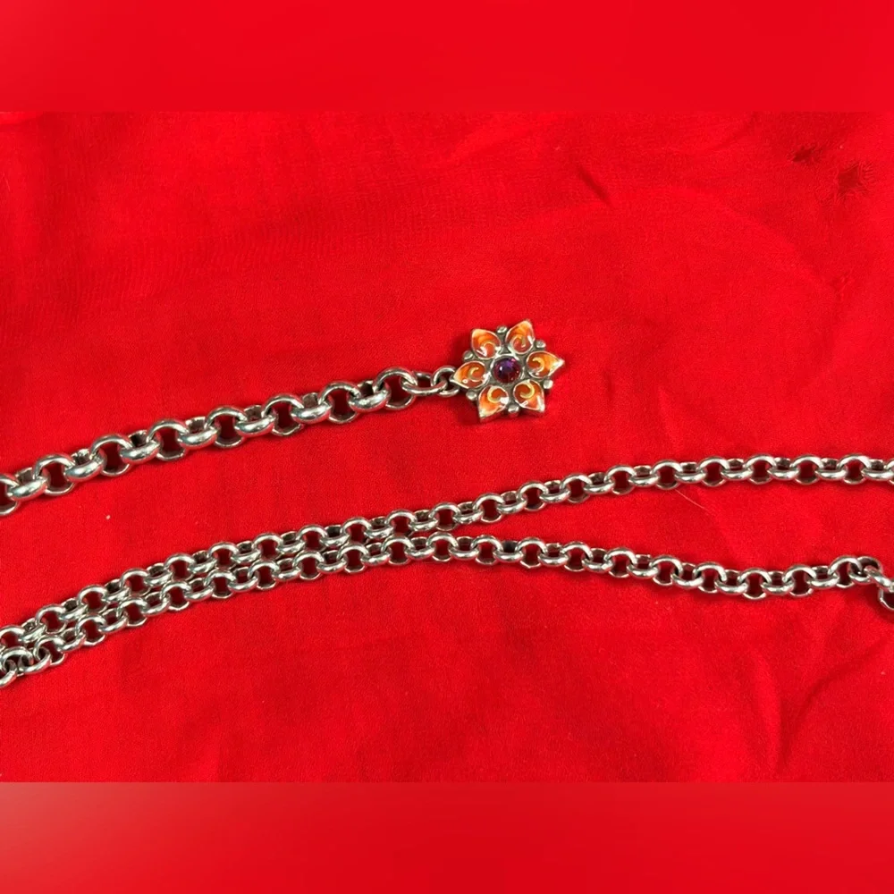 Vintage silver tone floral metal and enamel chain statement belt